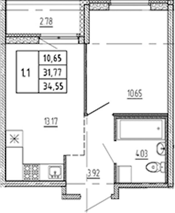 1-комнатная квартира 31.77 м², 2/22 эт., ЖК «Новые горизонты 2»